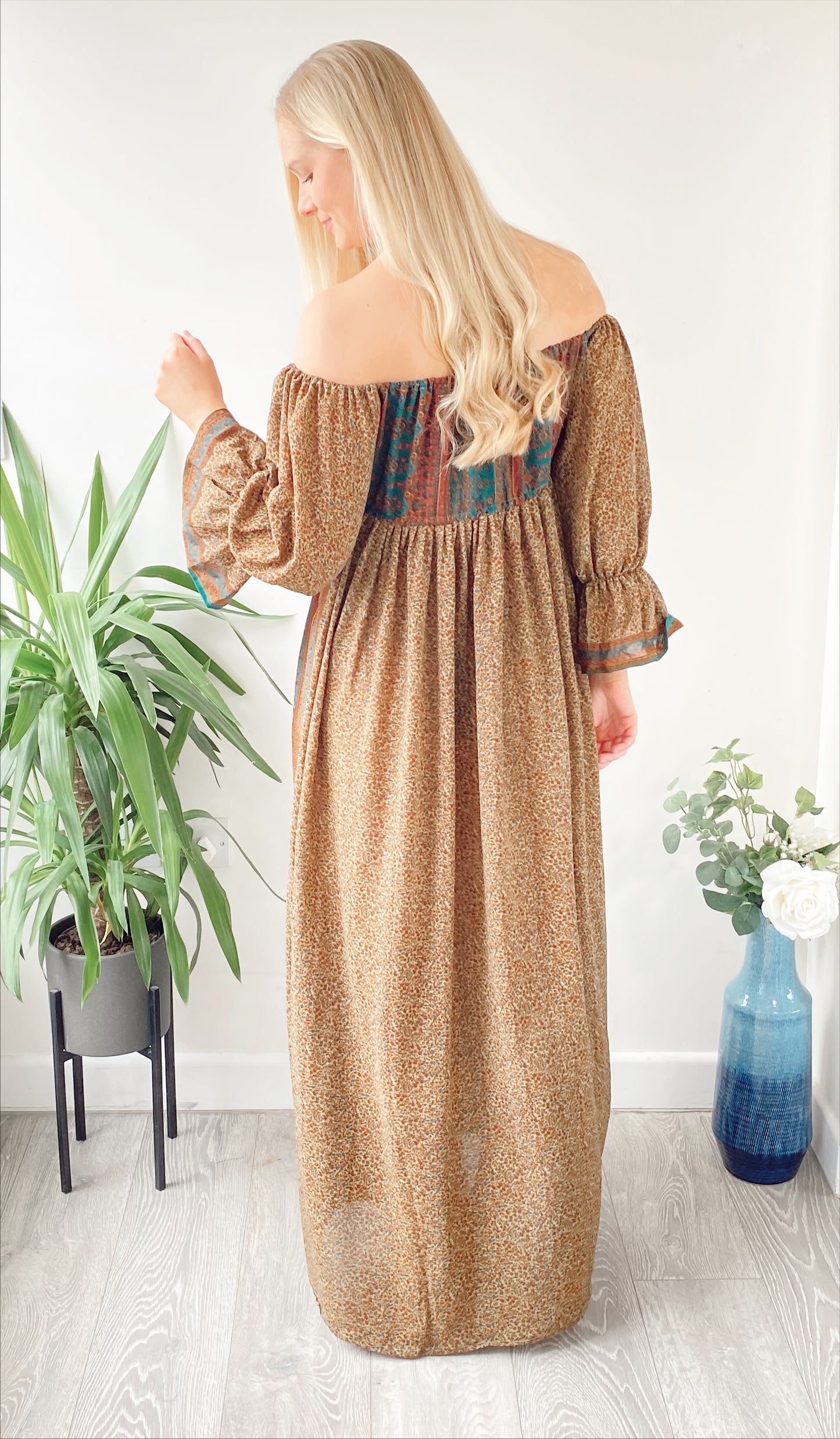 Bella beige multicoloured recycled-silk bardot maxi dressDRESSES