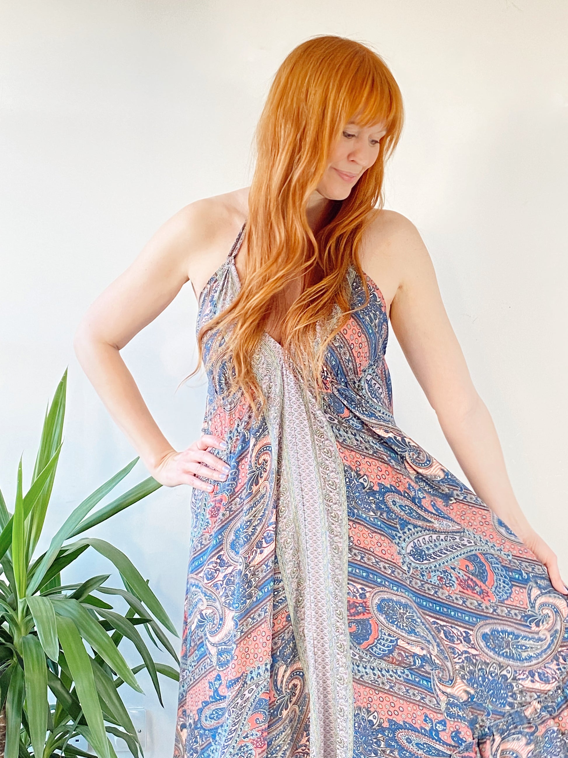 Cici blue/peach recycled-silk maxi dressDRESSES