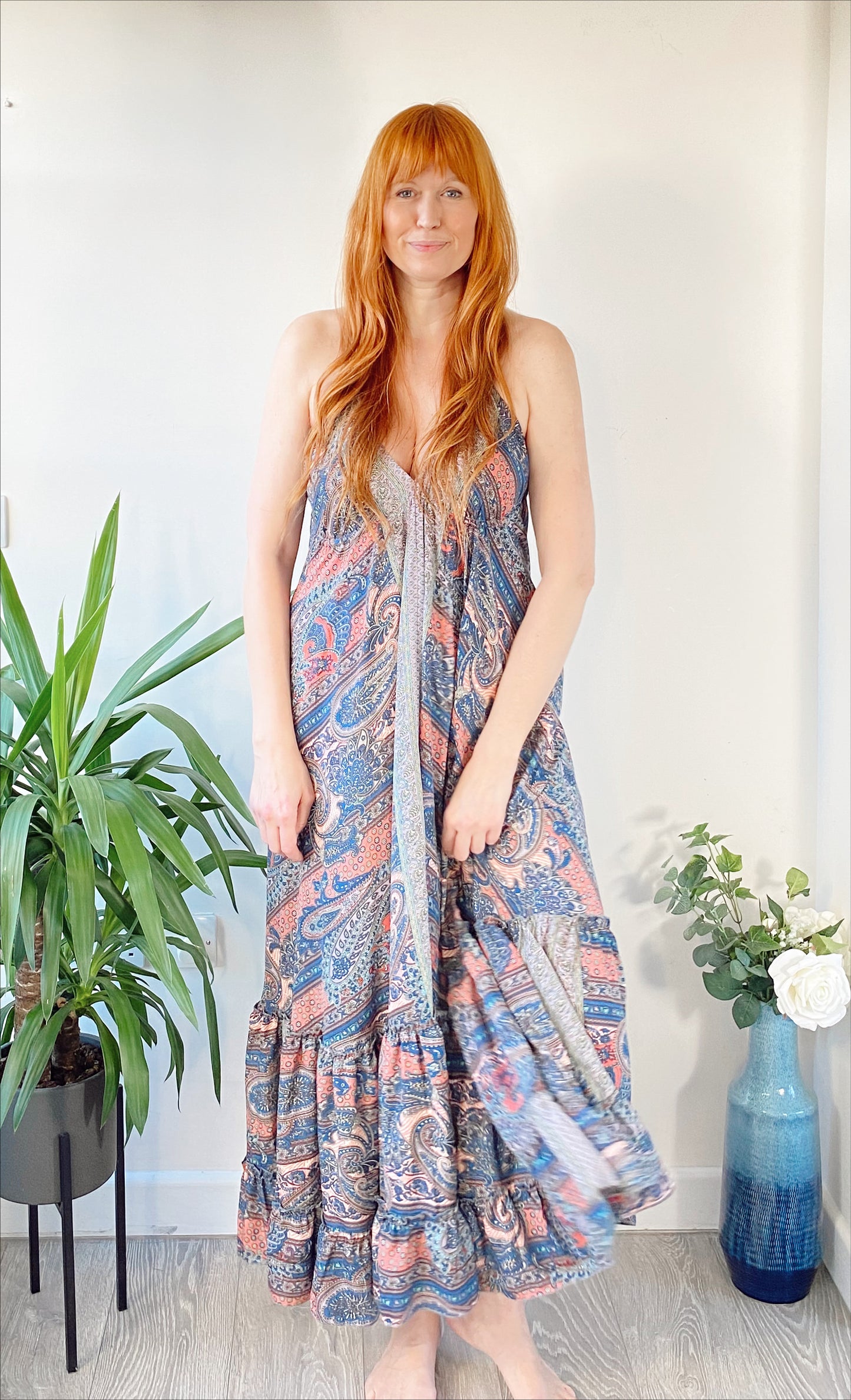 Cici blue/peach recycled-silk maxi dressDRESSES