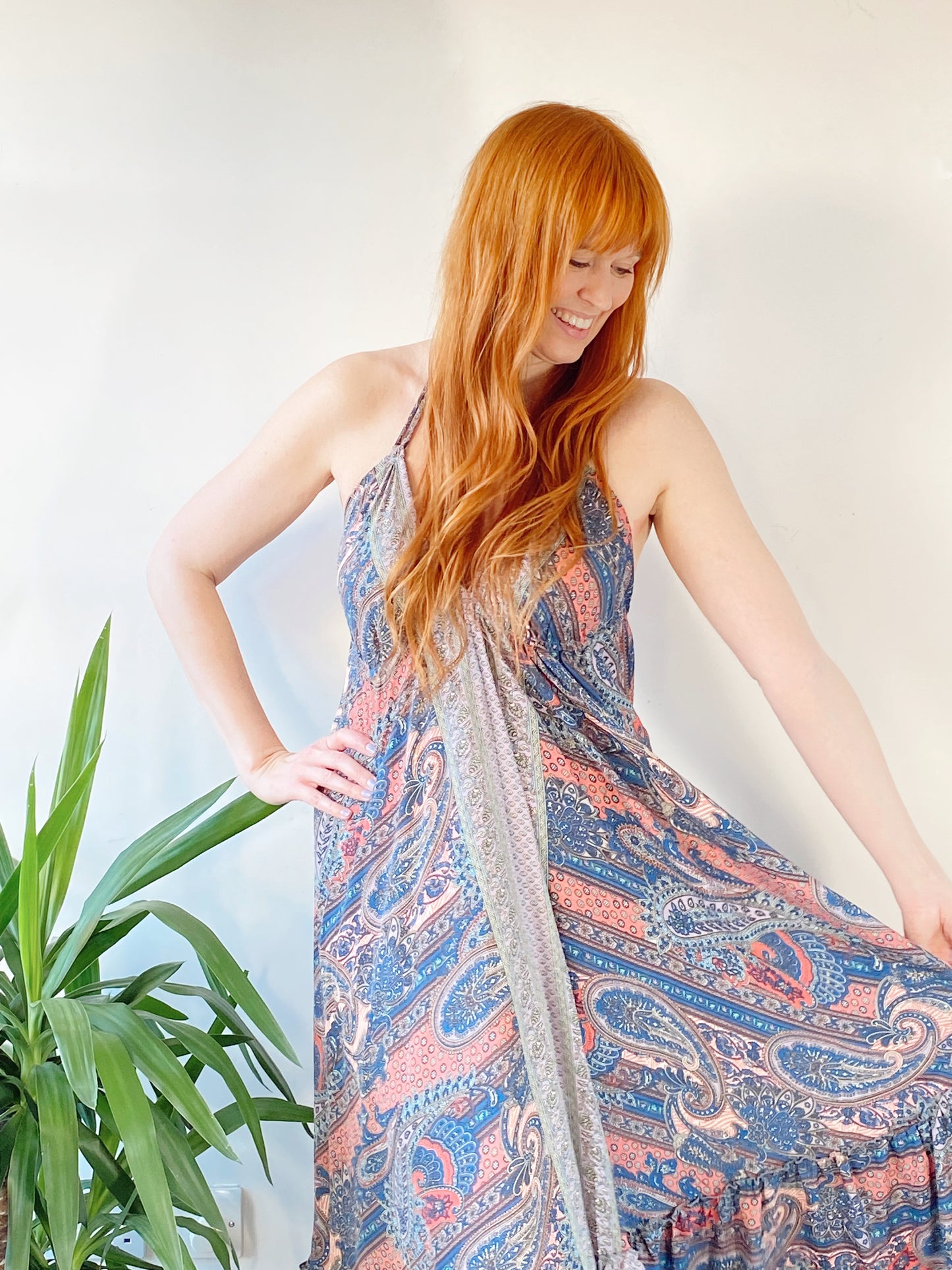 Cici blue/peach recycled-silk maxi dressDRESSES
