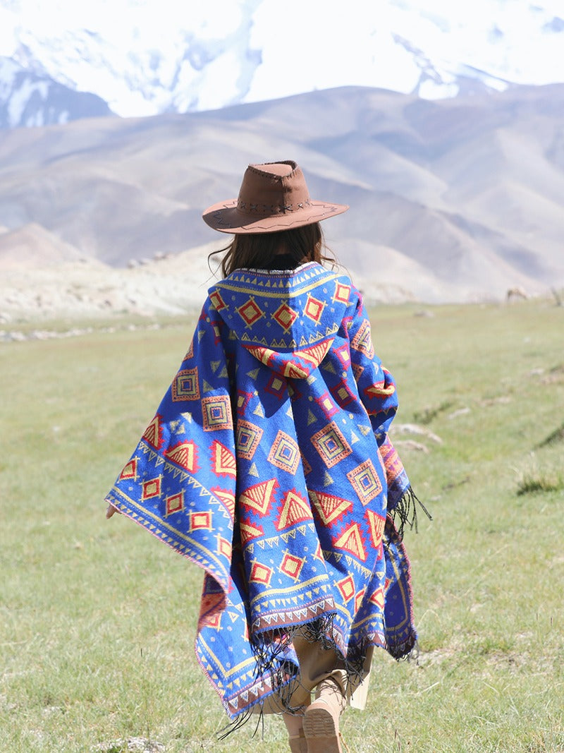 Aztec boho blue hooded cape/shawlShawl