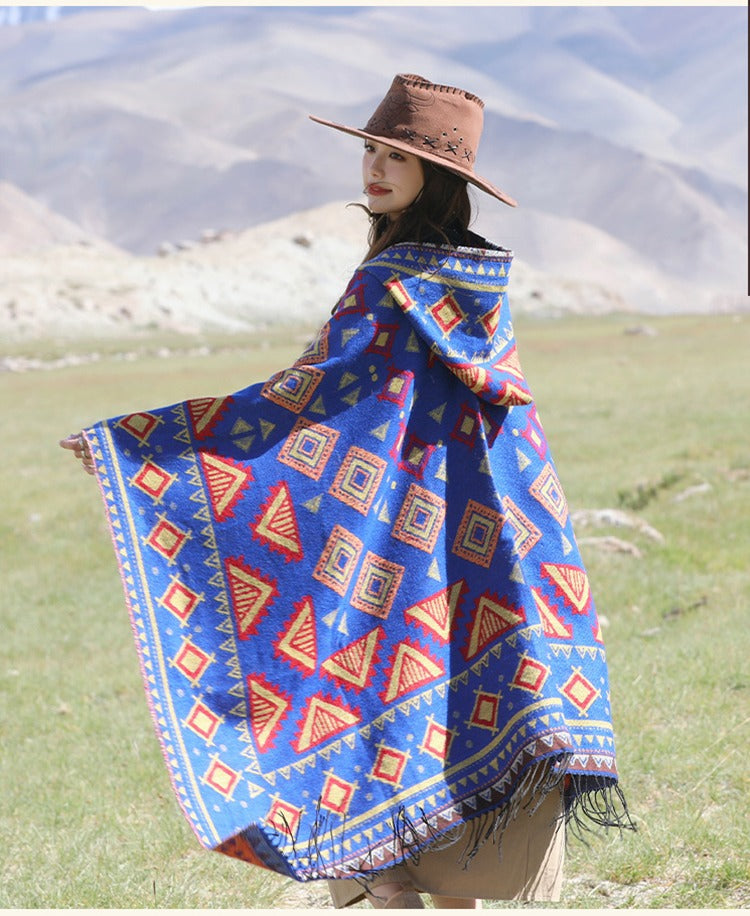 Aztec boho blue hooded cape/shawlShawl