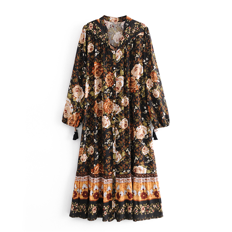 Boho black floral-print midi dress UK8-14DRESSES