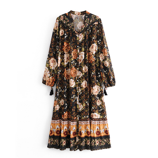 Boho black floral-print midi dress UK8-14DRESSES