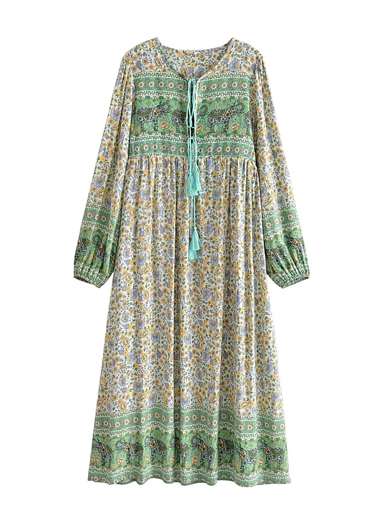 Joni green floral-print boho midi dress LEONORA GYPSY Joni green floral-print boho midi dress LEONORA GYPSY