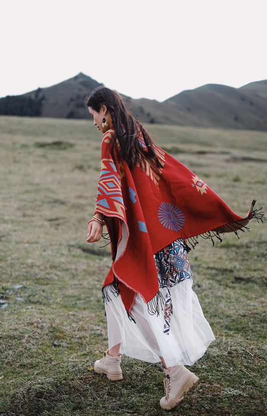 Boho red hooded cape/shawlShawl