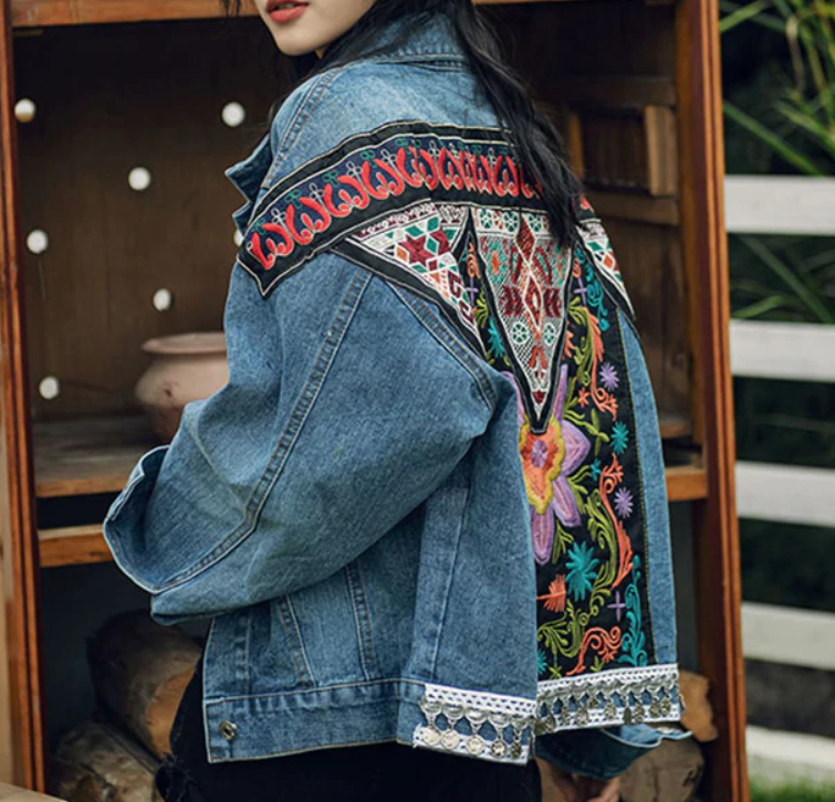 Denim boho floral embroidered jacketJACKET