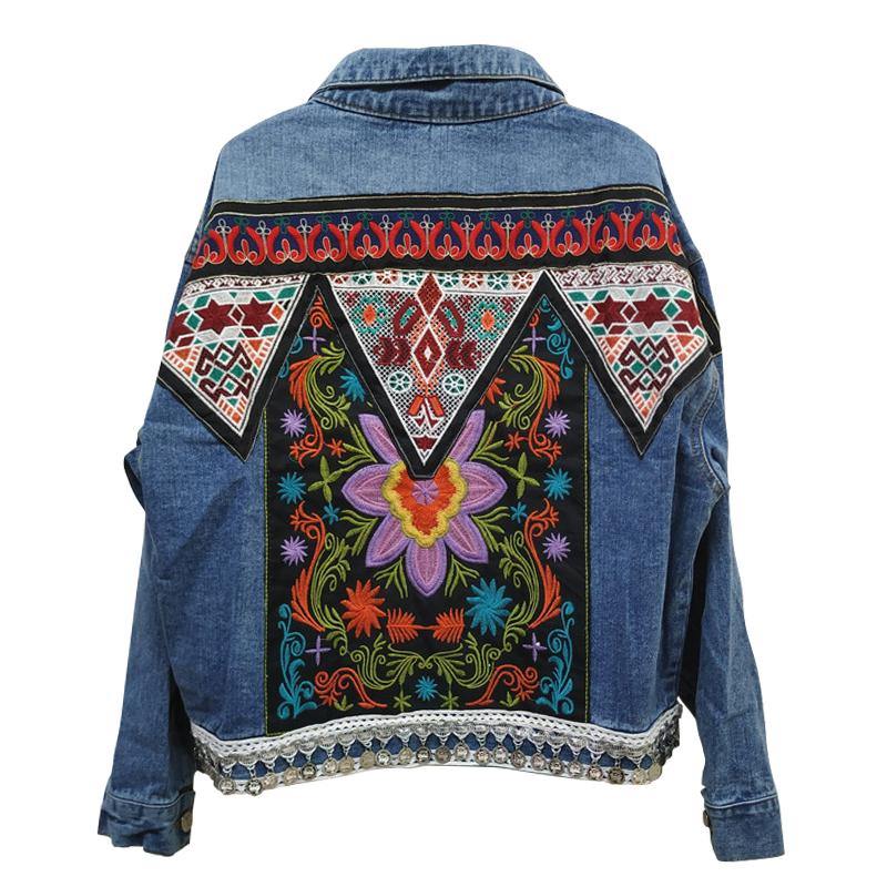 Denim boho floral embroidered jacketJACKET