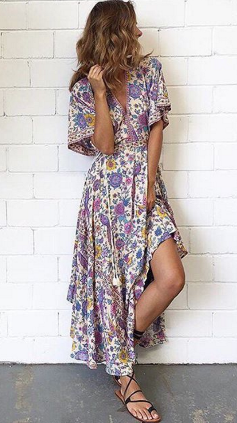 Lily boho floral-print cotton-blend V-neck tassel dressDRESSES
