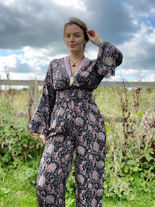 Flora black floral paisley-print silk jumpsuit free-size UK 8-14JUMPSUIT