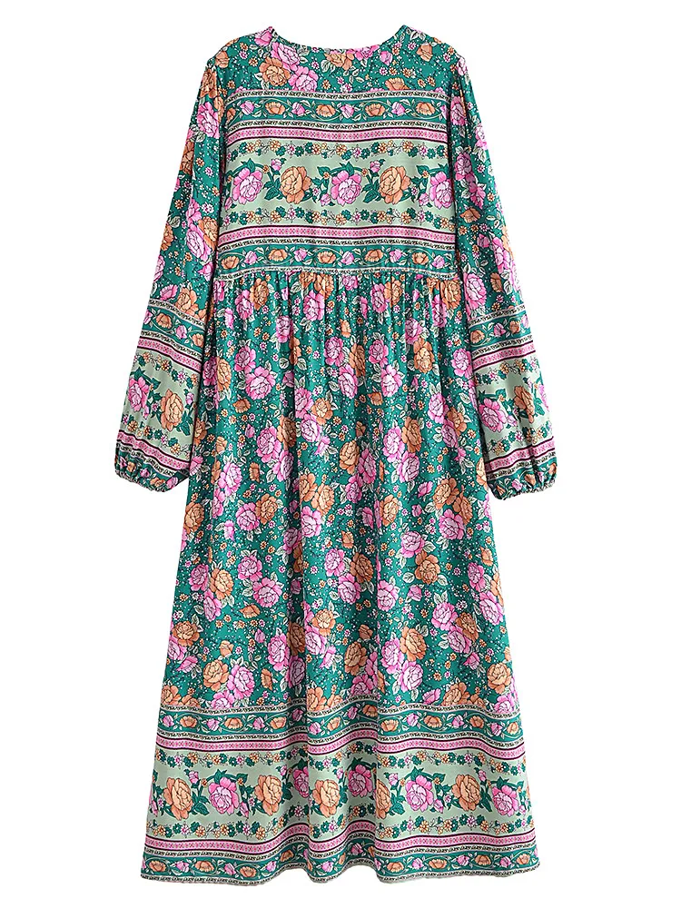 Joni dark-green floral-print boho midi dressDRESSES