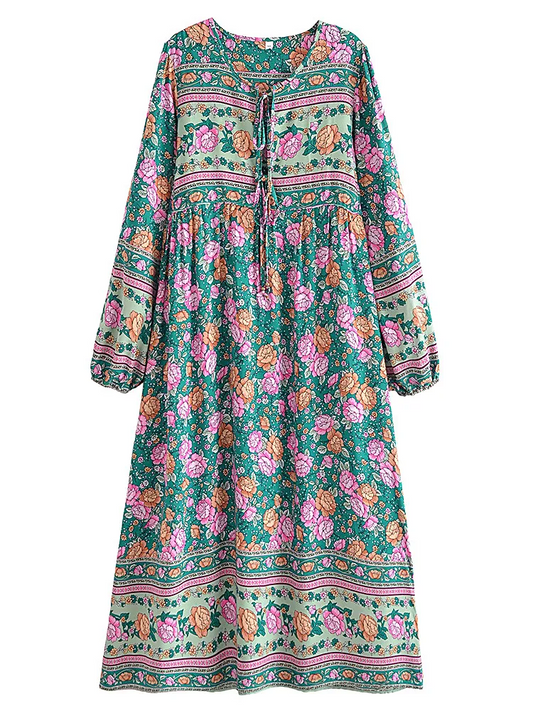 Joni dark-green floral-print boho midi dressDRESSES