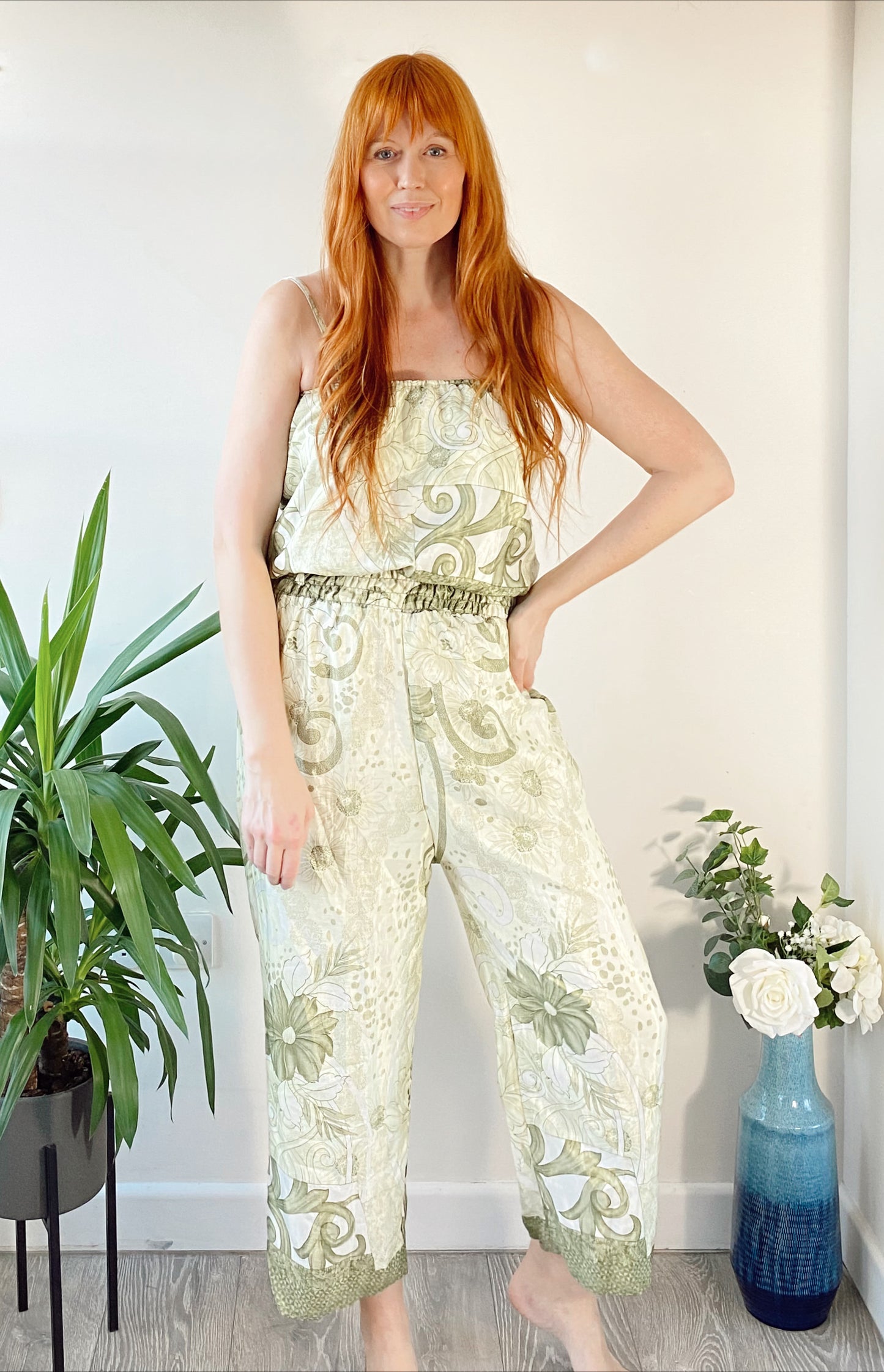 Layla light-green printed silk jumpsuit free-size UK 8-14DRESSES