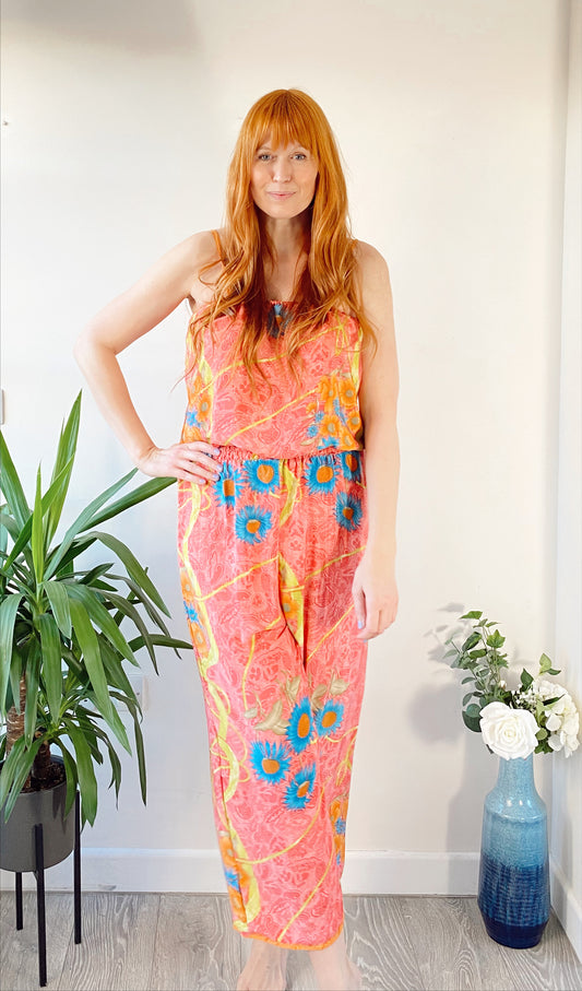 Layla pink floral-print silk jumpsuit free-size UK 8-14DRESSES