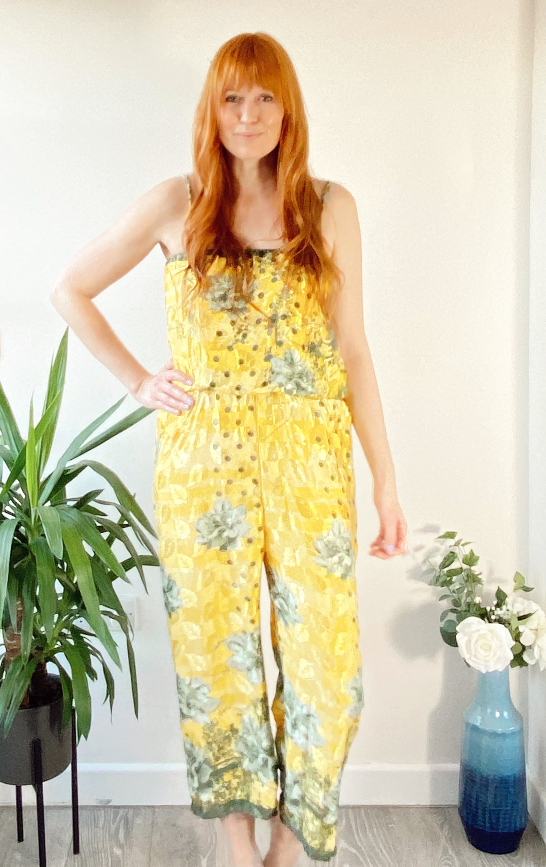 Layla yellow floral print silk jumpsuit free size UK 8 14