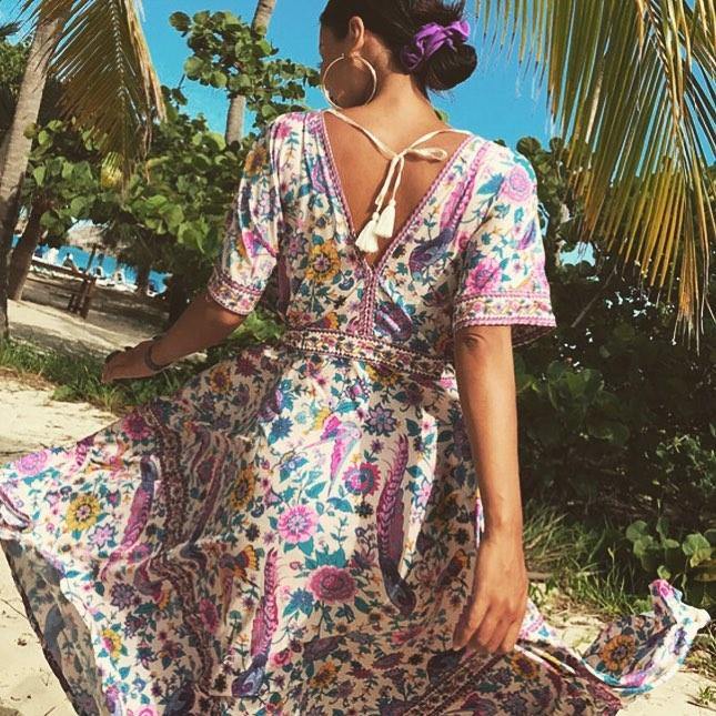 Lily boho floral-print cotton-blend V-neck tassel dressDRESSES