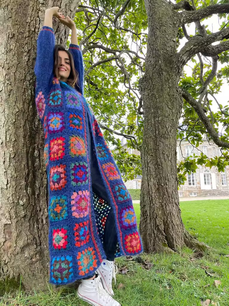 Crochet boho blue oversized long cardigan