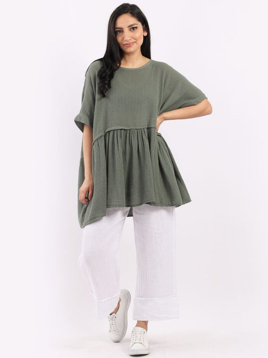 Smock lagenlook khaki boho cotton top free size UK 8-16DRESSES
