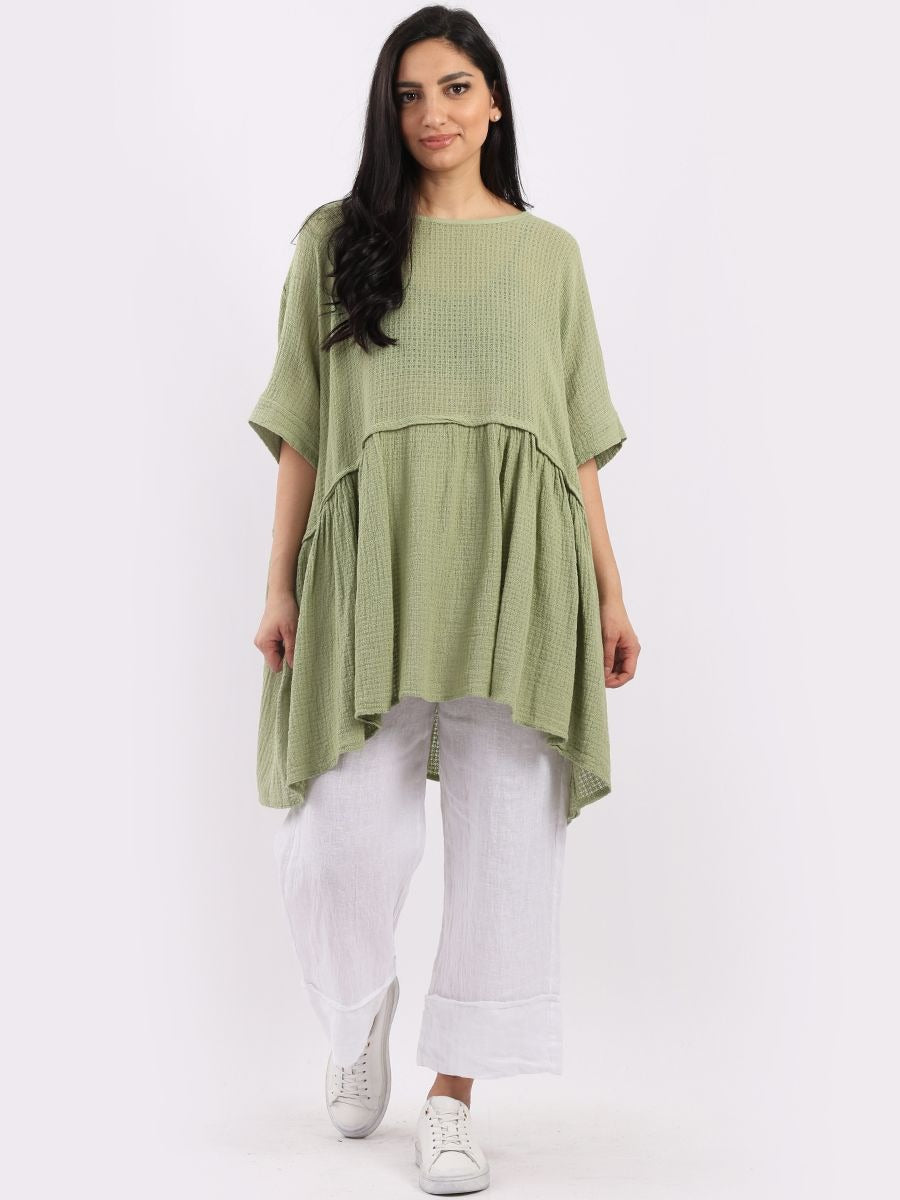 Smock lagenlook light-green boho cotton top free size UK 8-16DRESSES