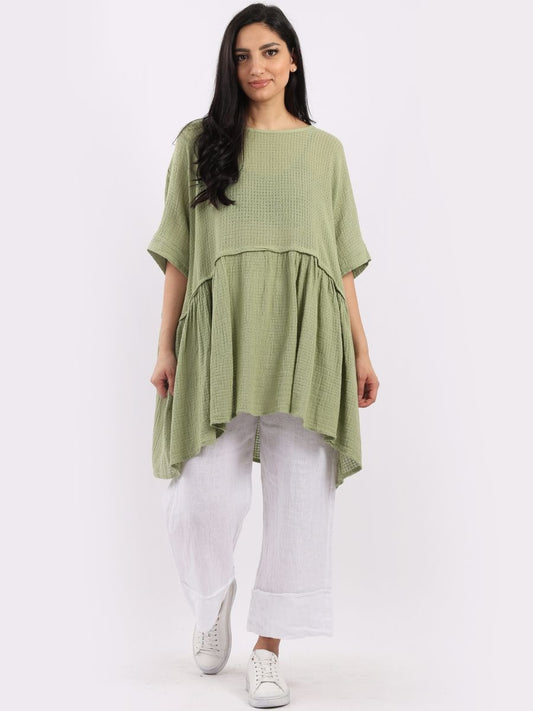 Smock lagenlook light-green boho cotton top free size UK 8-16DRESSES
