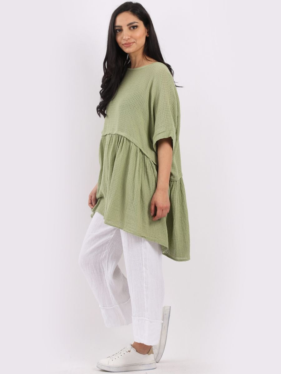 Smock lagenlook light-green boho cotton top free size UK 8-16DRESSES