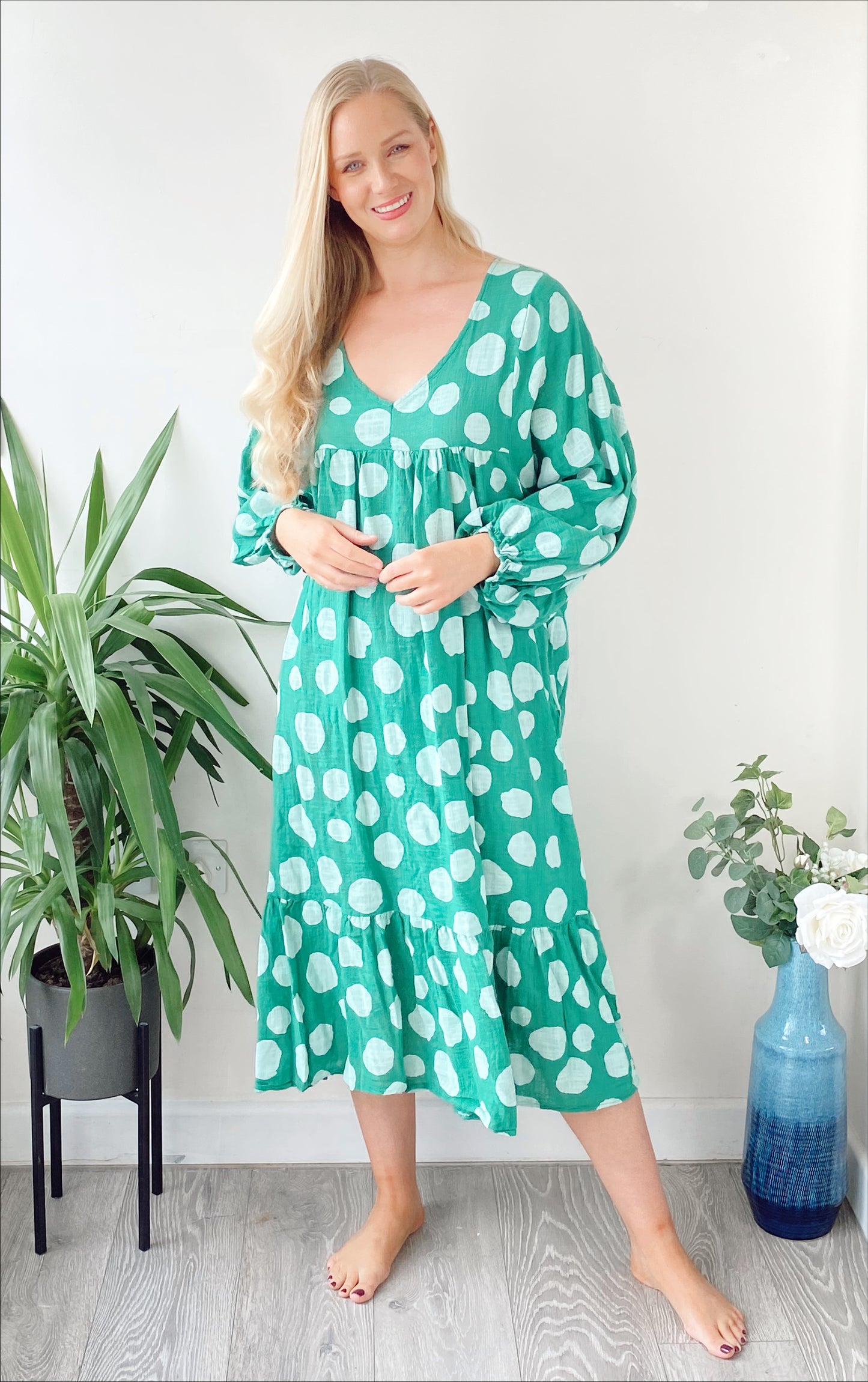 Polka-dot print lagenlook green smock cotton midi dress free size UK 8 -18DRESSES