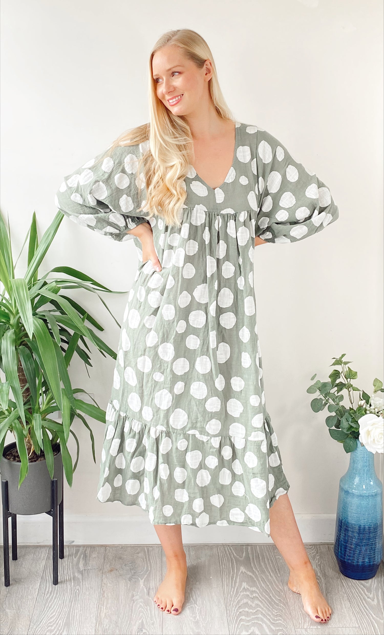 Polka-dot print lagenlook khaki smock cotton midi dress free size UK 8 -18DRESSES