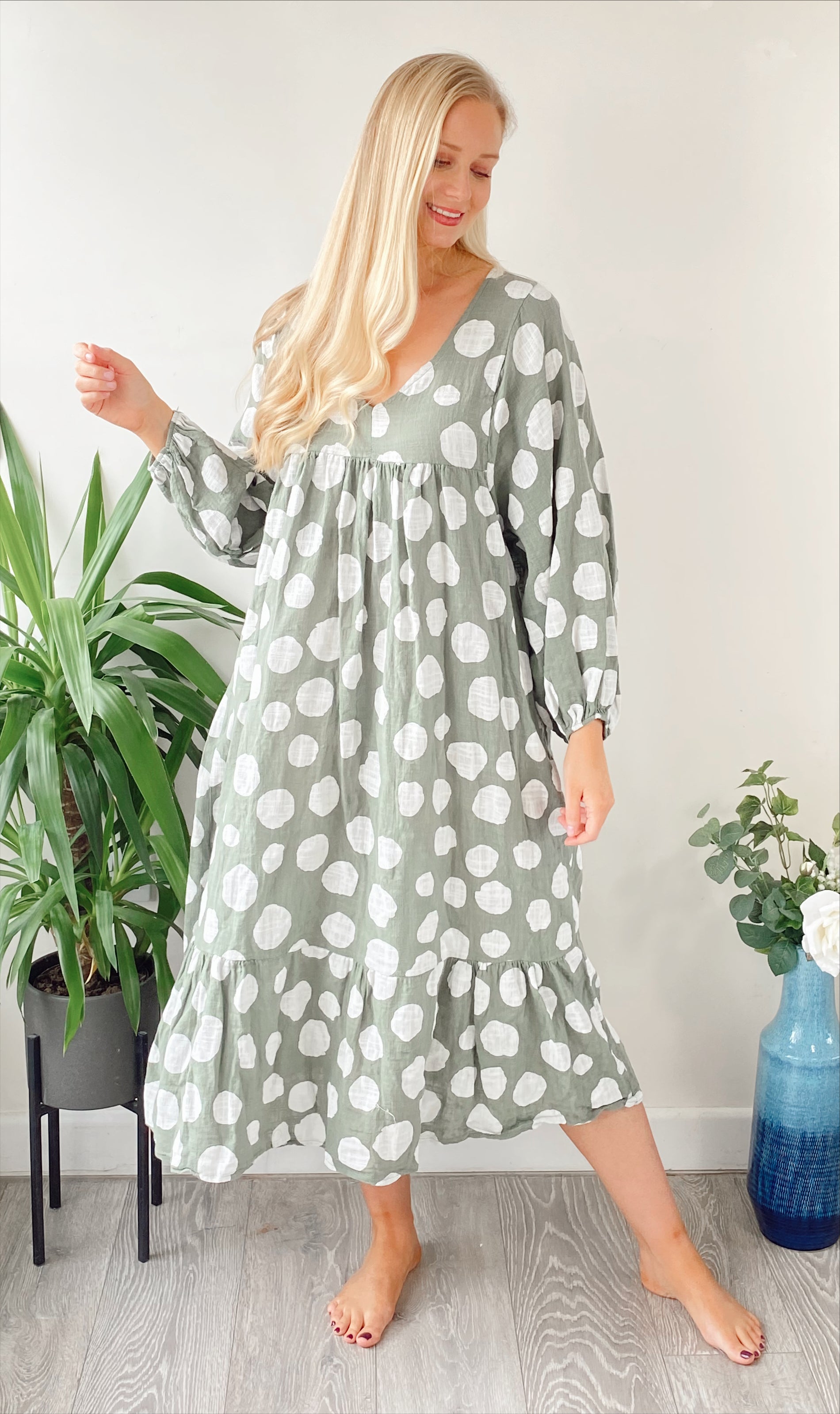 Polka-dot print lagenlook khaki smock cotton midi dress free size UK 8 -18DRESSES