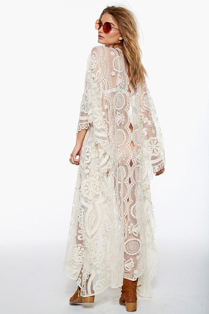 Mia lace batwing-sleeve floral-embroidery kaftan kimono beach dress cover upDRESSES