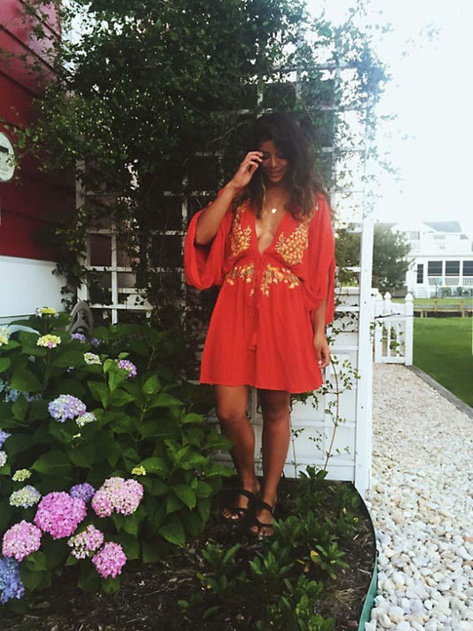 Ava Boho floral-embroidered cotton tunic mini dressDRESSES