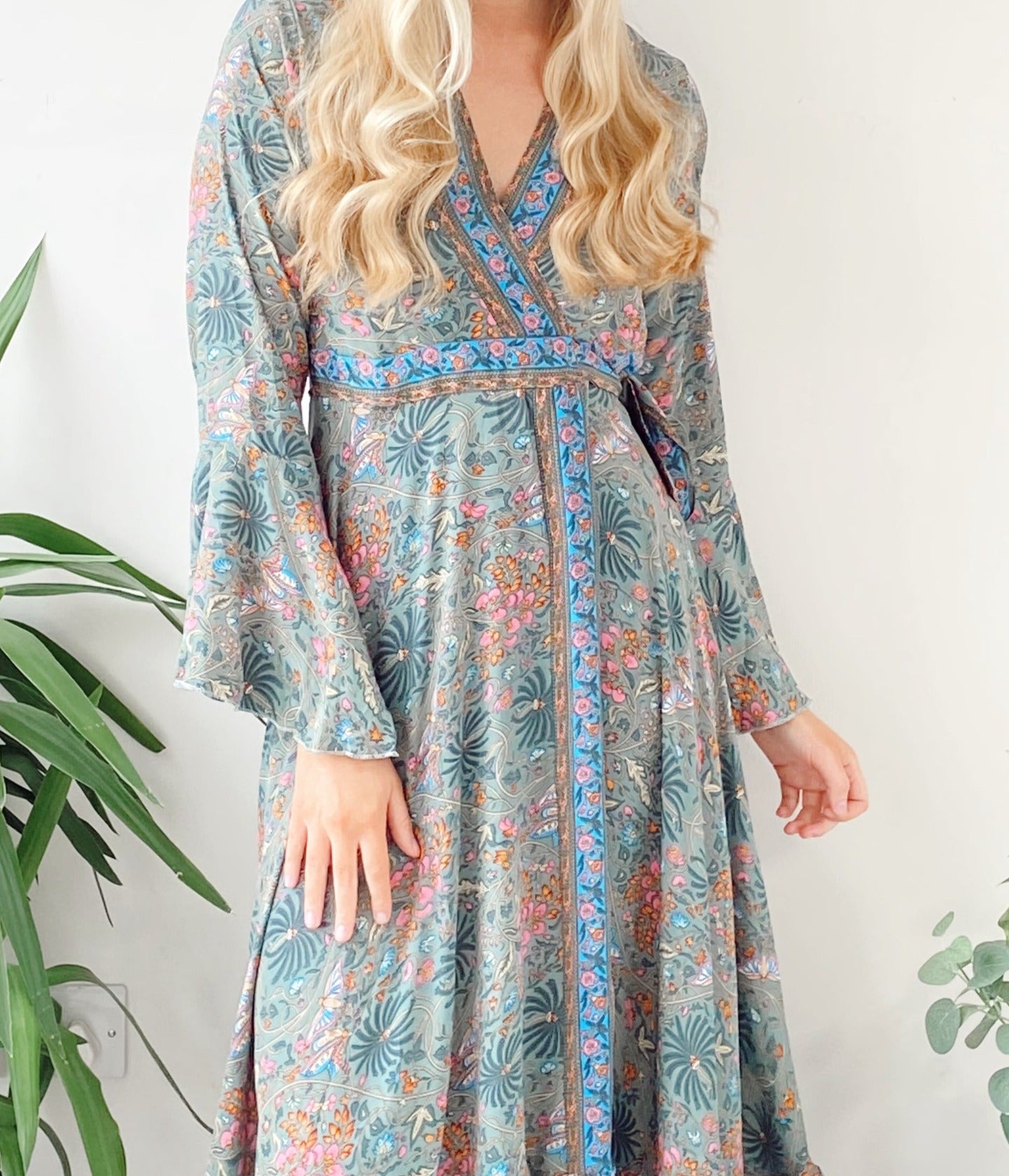 Ophelia green silk wrap maxi dress free-size UK 8-14DRESSES