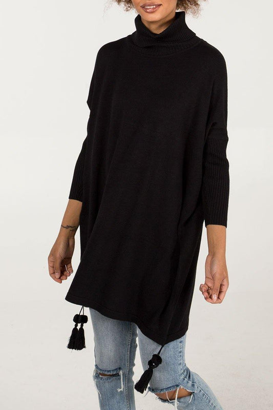 Edie roll-neck tassel trim poncho