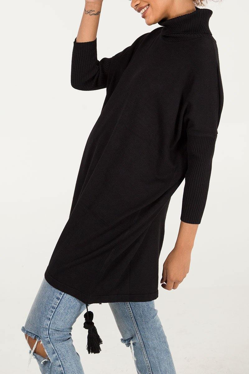 Edie roll-neck tassel trim poncho