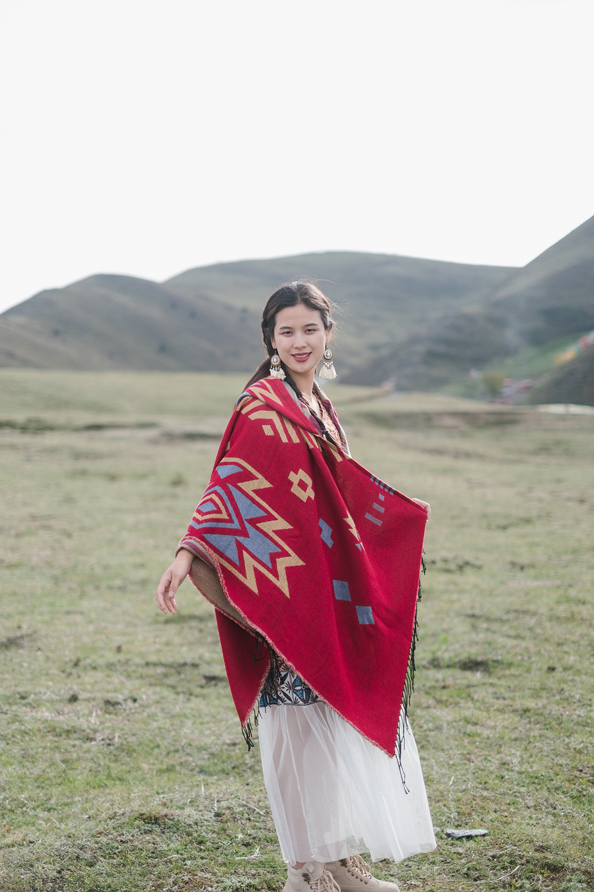 Boho red hooded cape/shawlShawl
