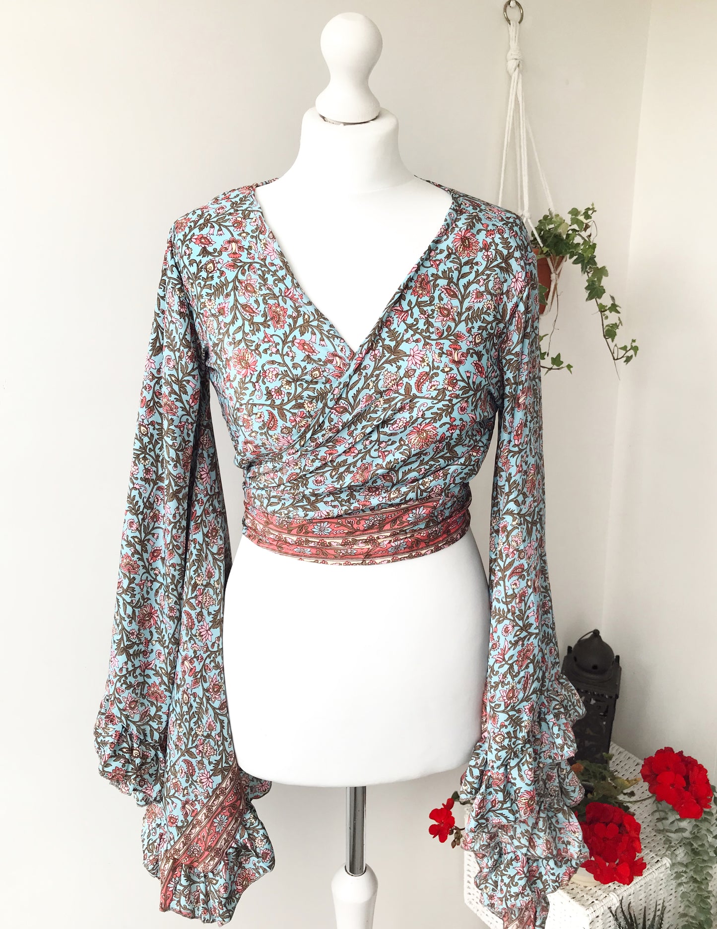 Stevie floral-print silk wrap tie frill-sleeve topblouse