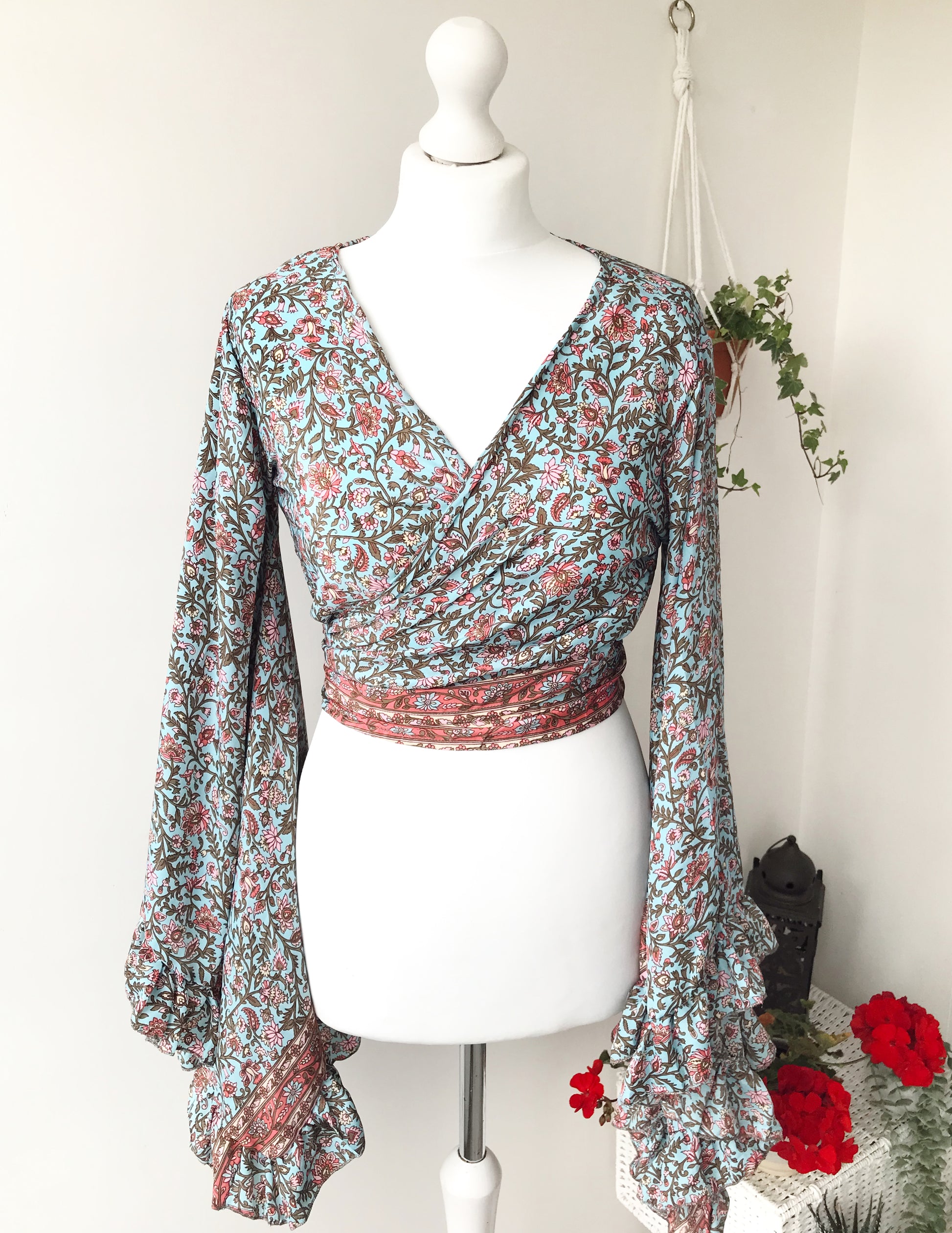 Stevie floral-print silk wrap tie frill-sleeve topblouse