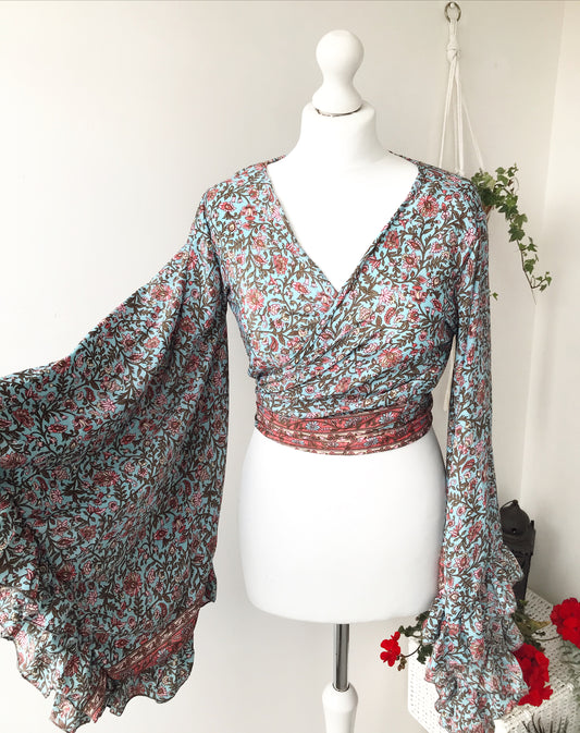 Stevie floral-print silk wrap tie frill-sleeve topblouse