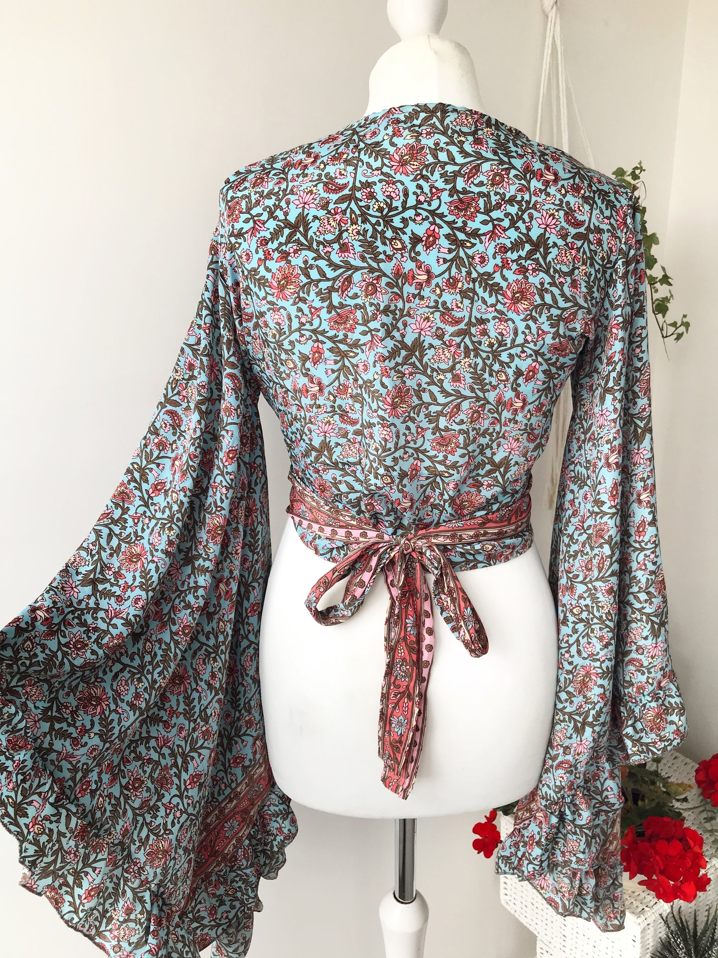Stevie floral-print silk wrap tie frill-sleeve topblouse