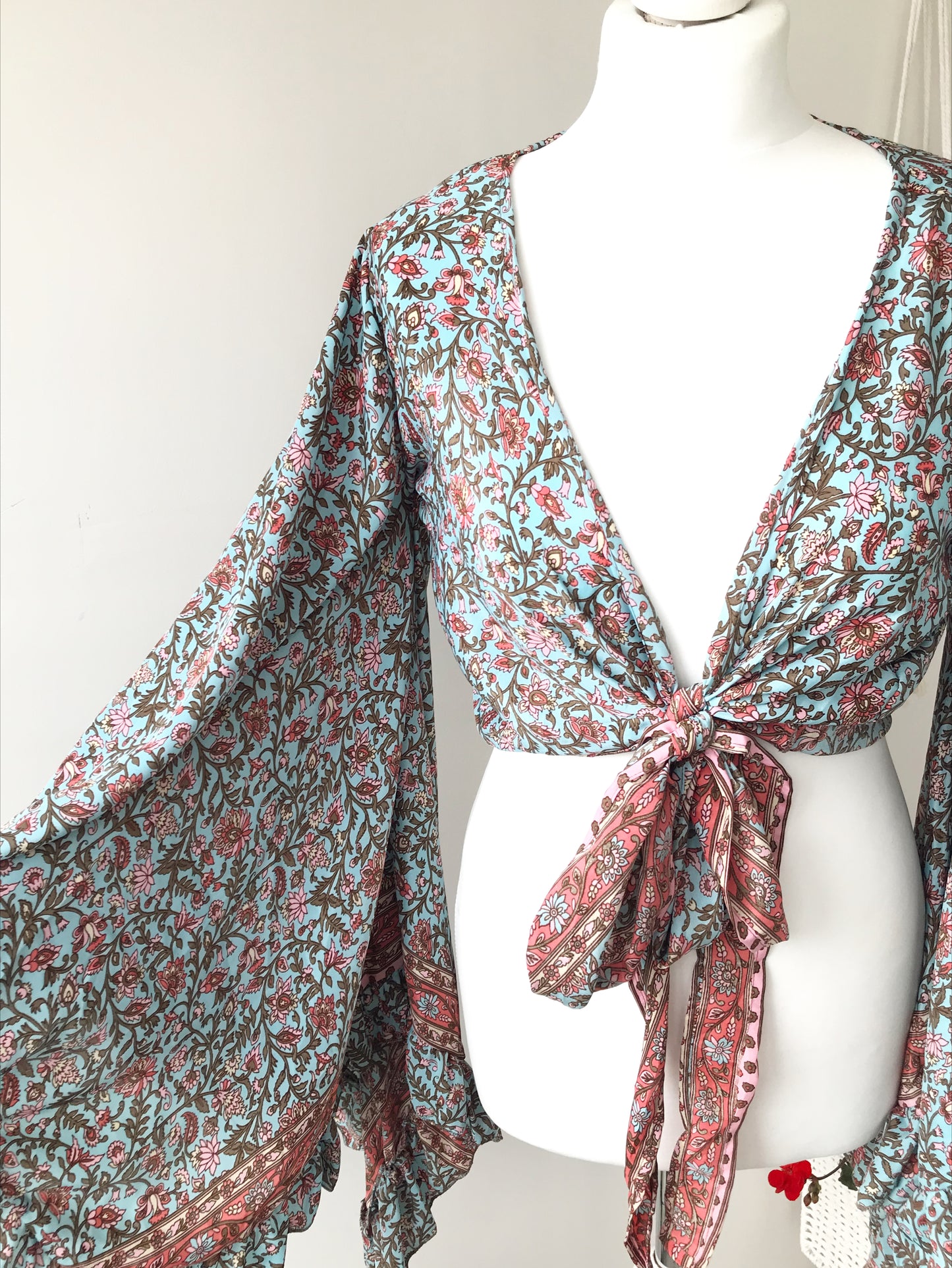 Stevie floral-print silk wrap tie frill-sleeve topblouse