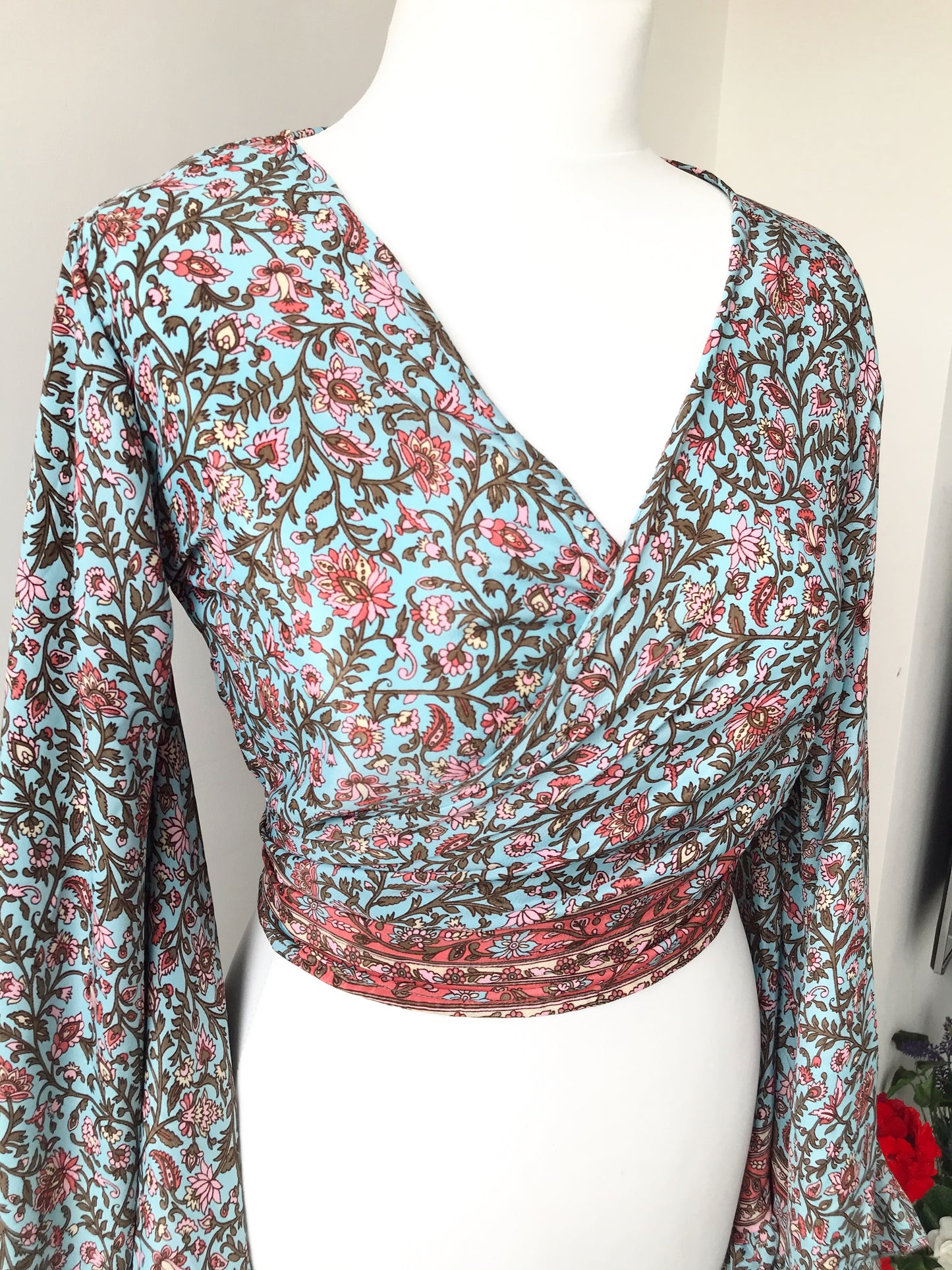Stevie floral-print silk wrap tie frill-sleeve topblouse