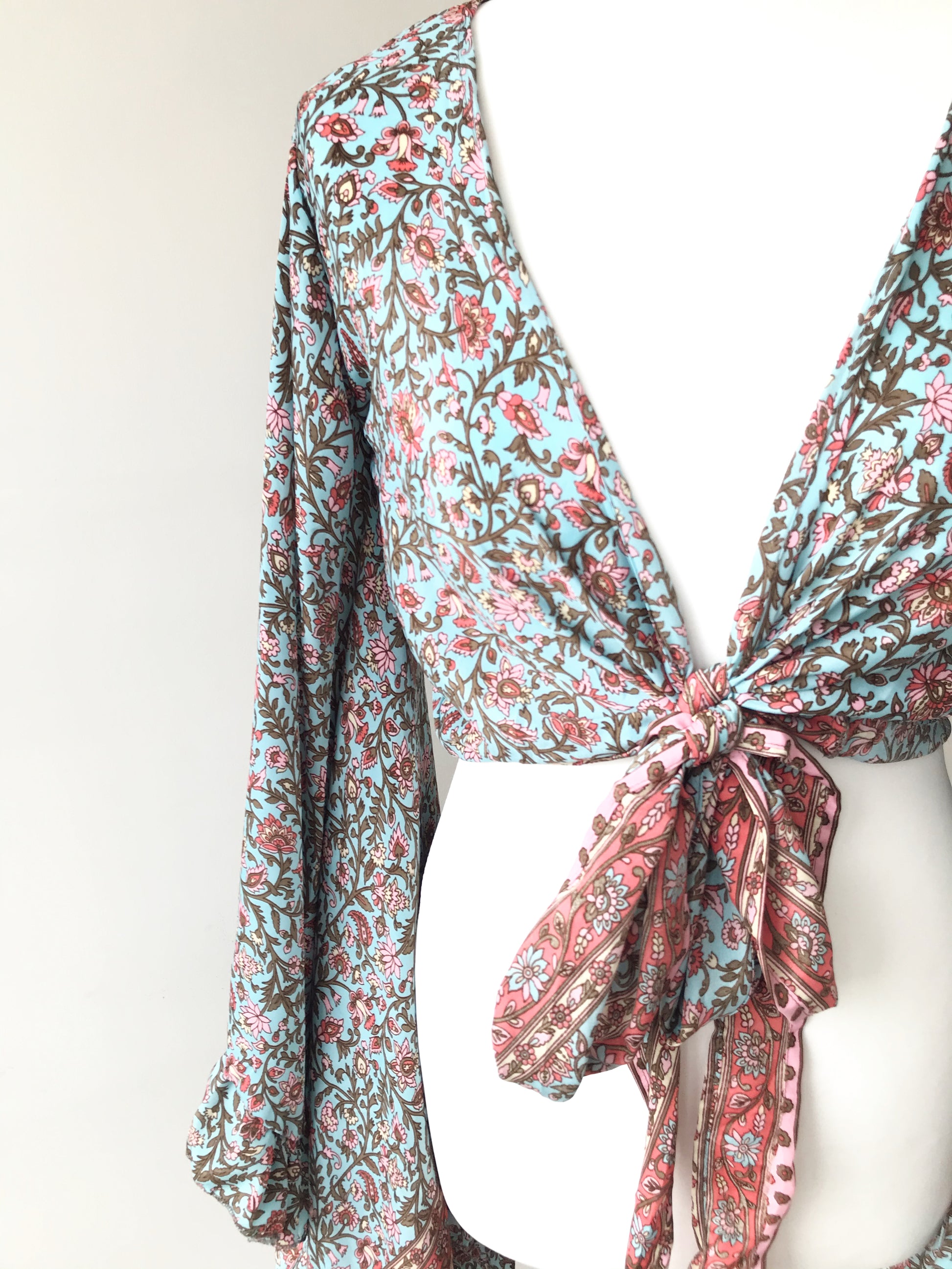 Stevie floral-print silk wrap tie frill-sleeve topblouse