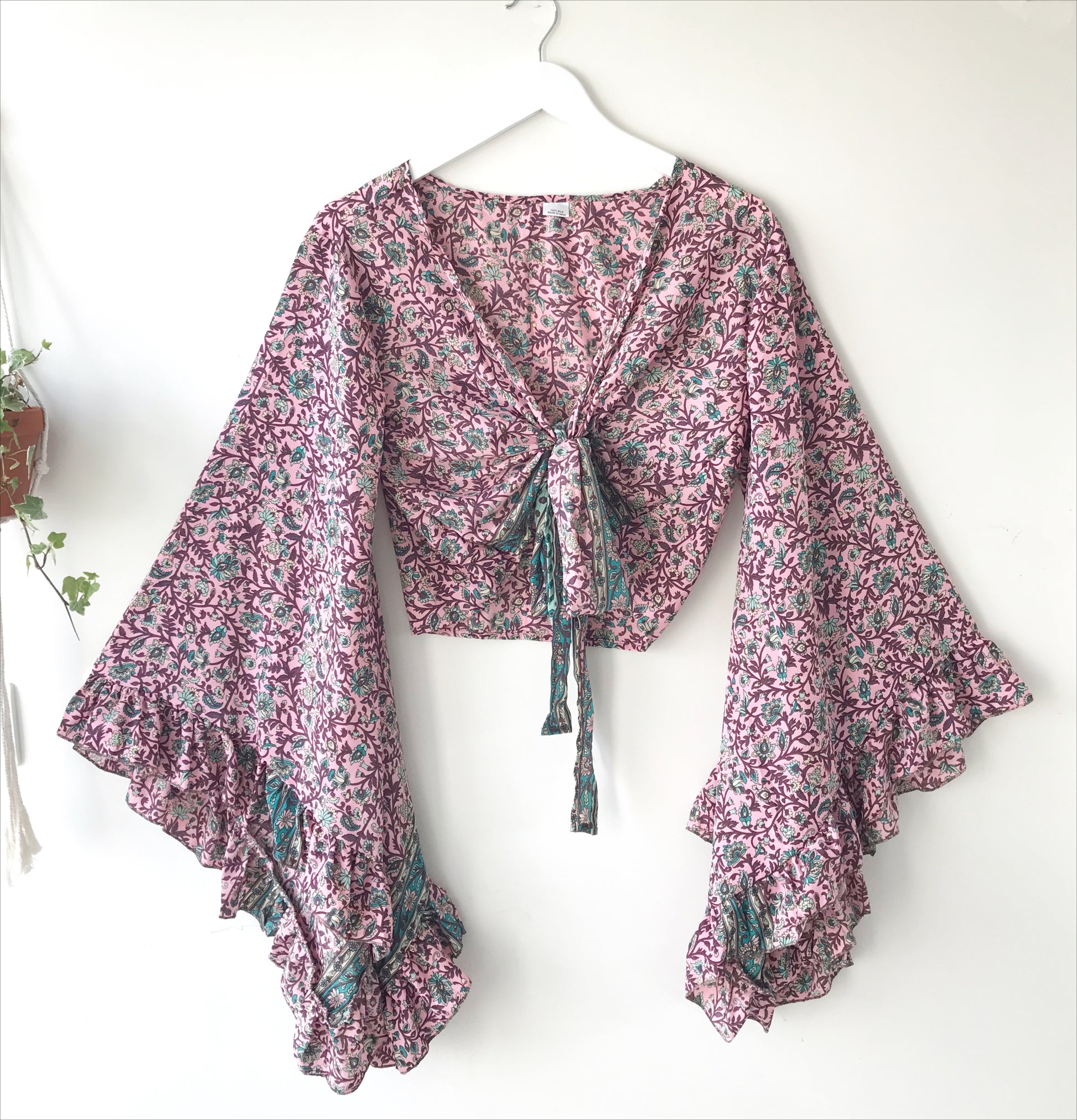 Stevie floral-print pink silk wrap tie frill-sleeve topblouse