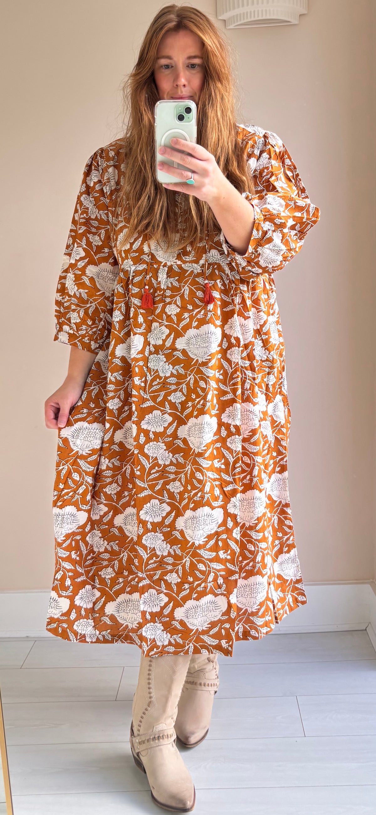 Floral-print cotton smock dress brown