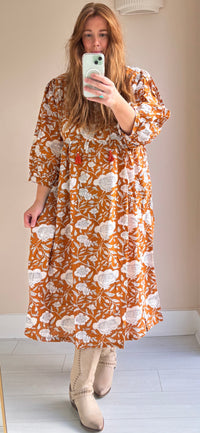 Floral-print cotton smock dress brown