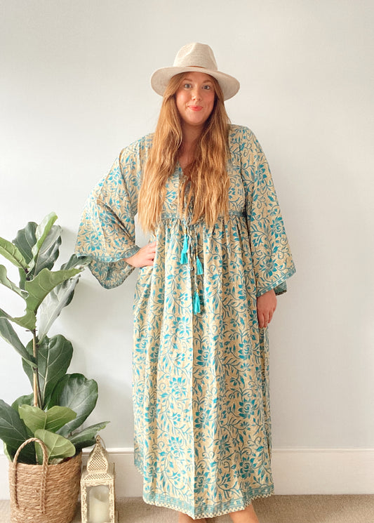 Nova blue gold boho silk dress