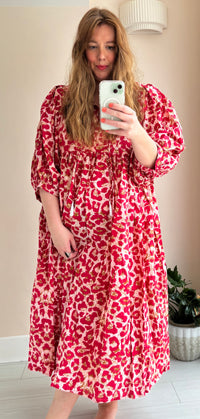 Leopard-print cotton dress red
