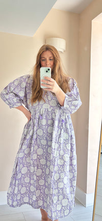 Floral-print cotton smock dress lilac