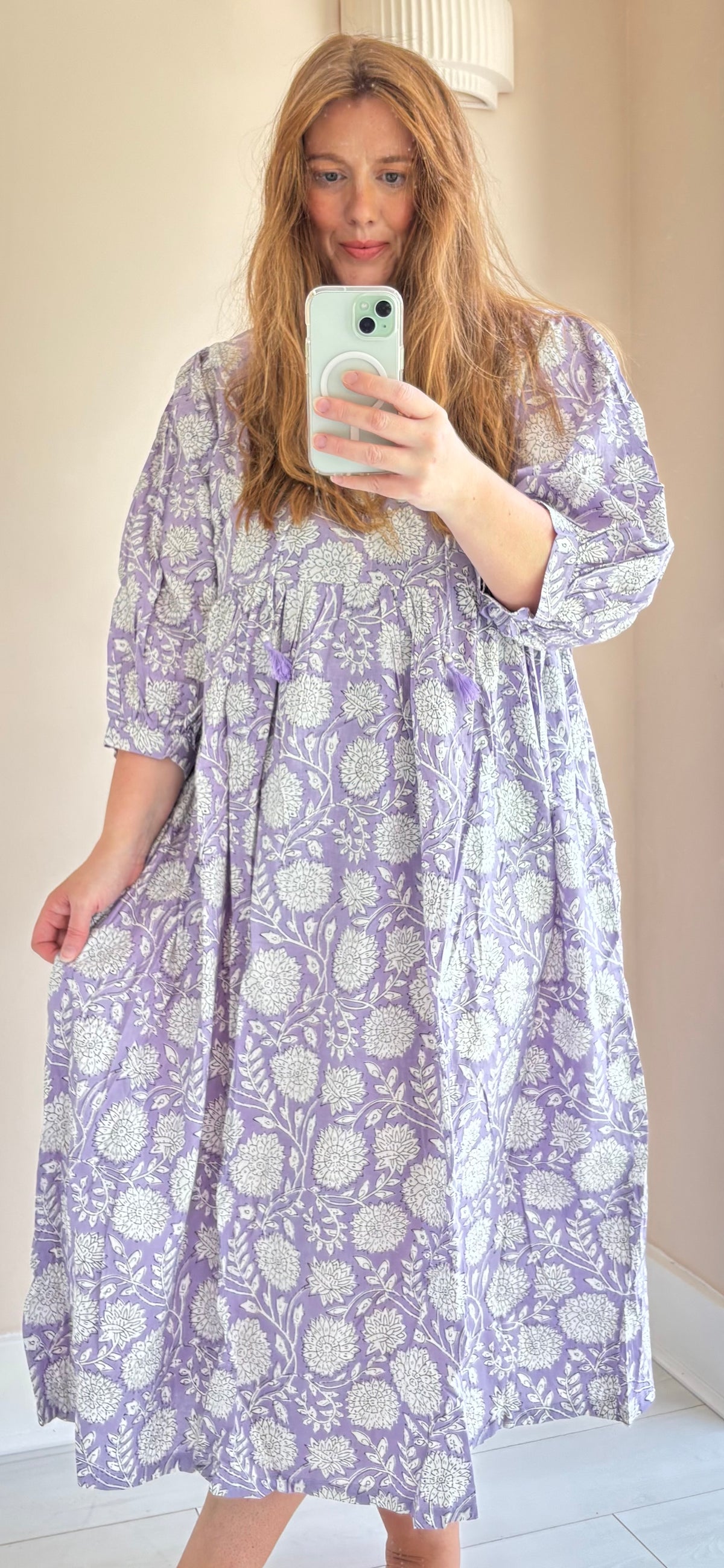 Floral-print cotton smock dress lilac