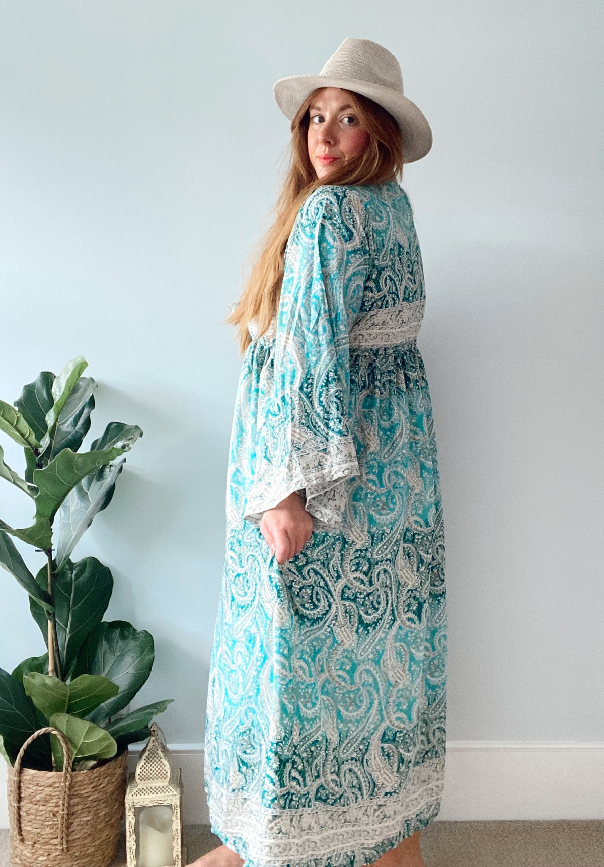 Nova blue green paisley boho silk dress