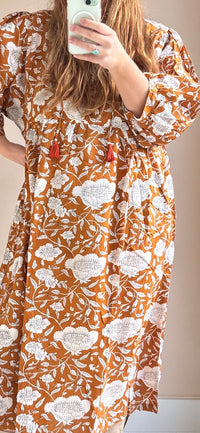 Floral-print cotton smock dress brown
